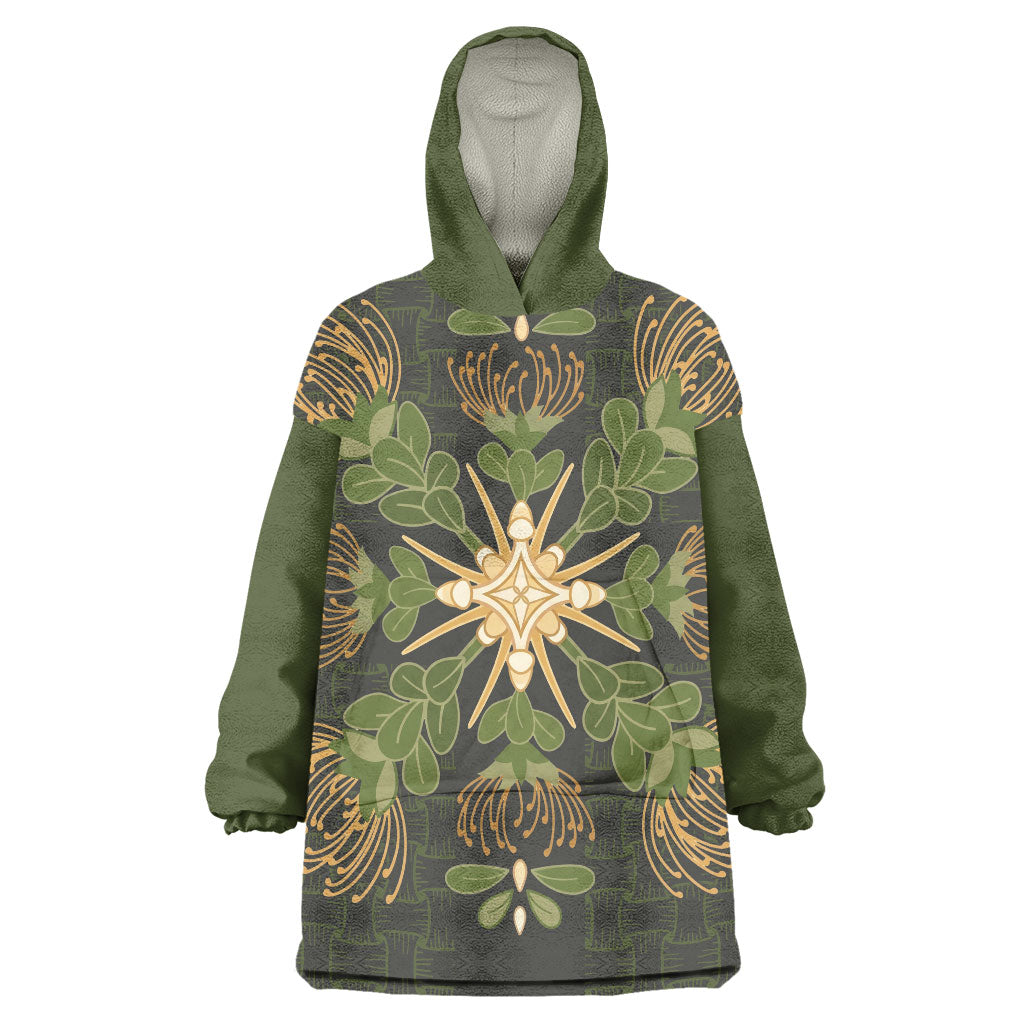 Hawaii Ohia Lehua Squares Wearable Blanket Hoodie Hawaiian Quilt Inspired Floral Pattern LT9 One Size Green - Polynesian Pride