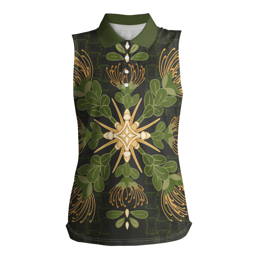 Hawaii Ohia Lehua Squares Women Sleeveless Polo Shirt Hawaiian Quilt Inspired Floral Pattern LT9 Female Green - Polynesian Pride