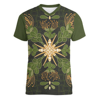 Hawaii Ohia Lehua Squares Women V-Neck T-Shirt Hawaiian Quilt Inspired Floral Pattern LT9 Female Green - Polynesian Pride