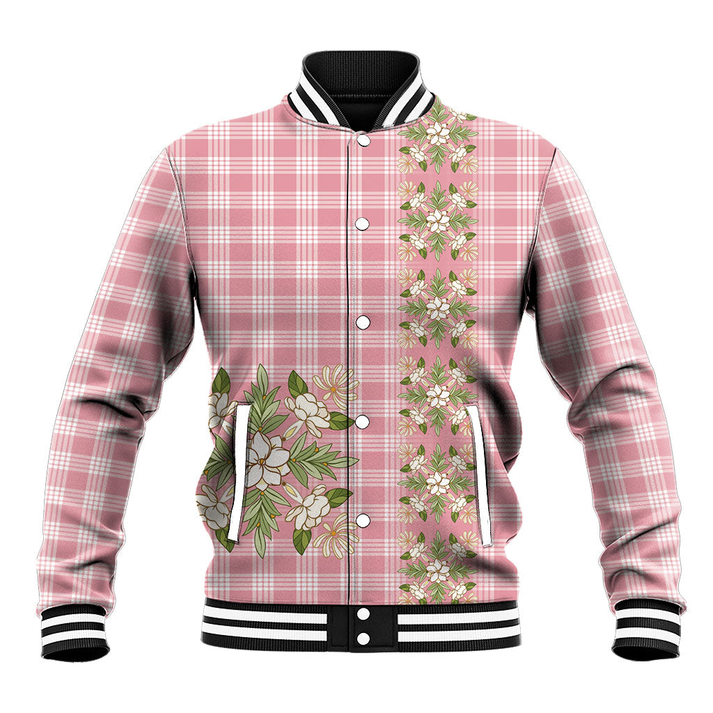 Akala Hamele Hawai'i Palaka Squares Maile Leaf Baseball Jacket Flowers Hawaiian Quilt Patterns LT9 Unisex Dusty Rose - Polynesian Pride