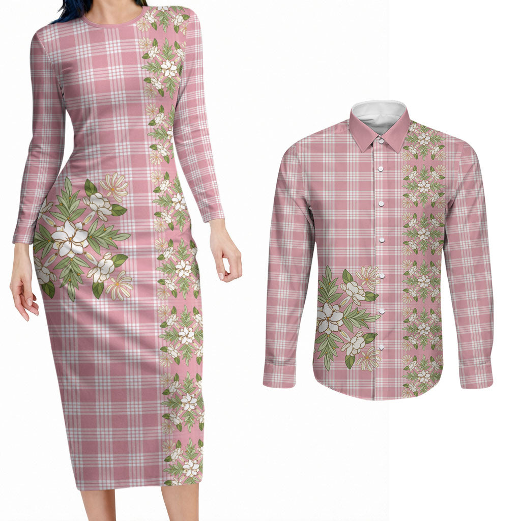 Akala Hamele Hawai'i Palaka Squares Maile Leaf Couples Matching Long Sleeve Bodycon Dress and Long Sleeve Button Shirt Flowers Hawaiian Quilt Patterns LT9 Dusty Rose - Polynesian Pride