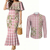 Akala Hamele Hawai'i Palaka Squares Maile Leaf Couples Matching Mermaid Dress and Long Sleeve Button Shirt Flowers Hawaiian Quilt Patterns LT9 Dusty Rose - Polynesian Pride