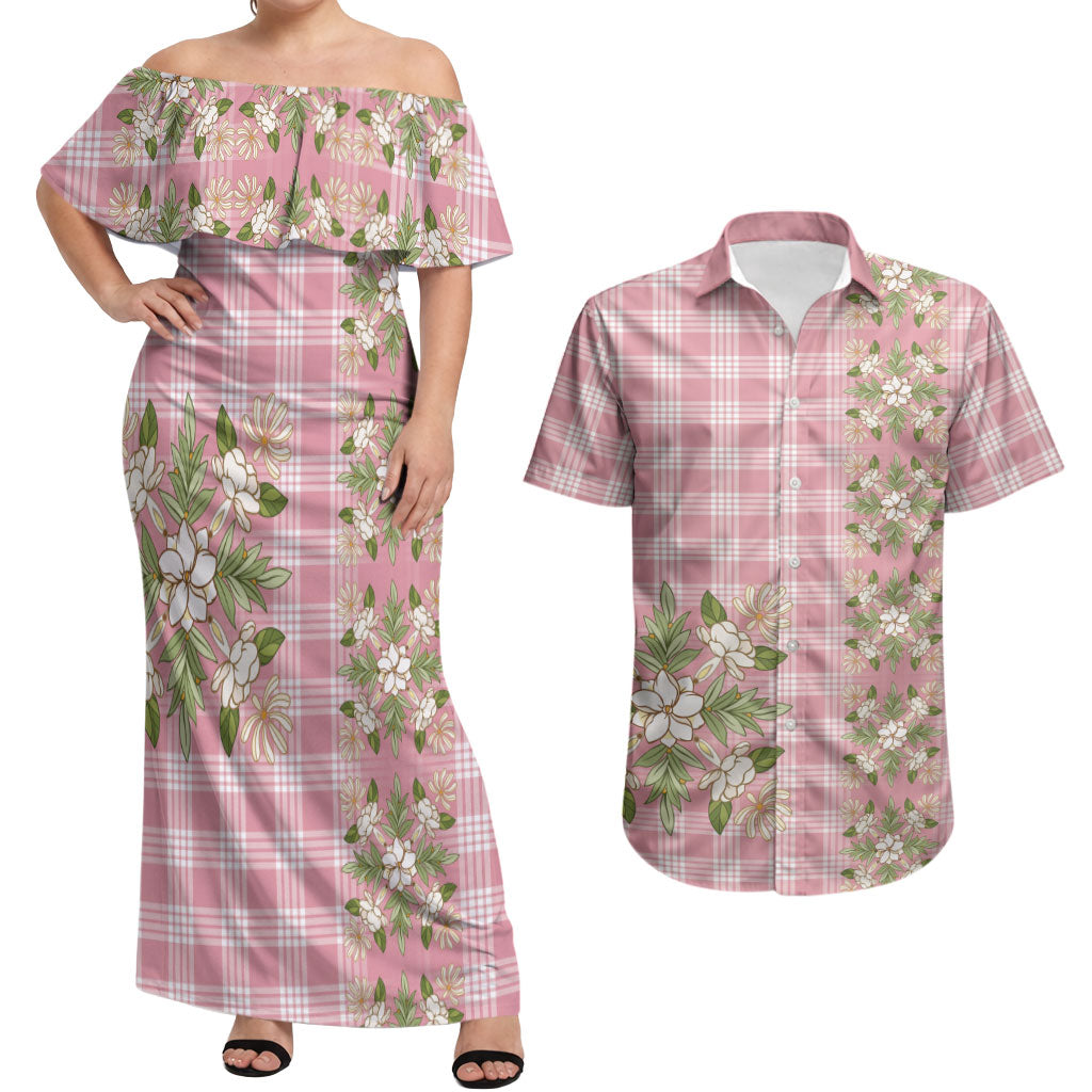 Akala Hamele Hawai'i Palaka Squares Maile Leaf Couples Matching Off Shoulder Maxi Dress and Hawaiian Shirt Flowers Hawaiian Quilt Patterns LT9 Dusty Rose - Polynesian Pride