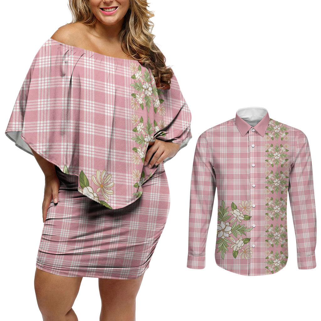 Akala Hamele Hawai'i Palaka Squares Maile Leaf Couples Matching Off Shoulder Short Dress and Long Sleeve Button Shirt Flowers Hawaiian Quilt Patterns LT9 Dusty Rose - Polynesian Pride