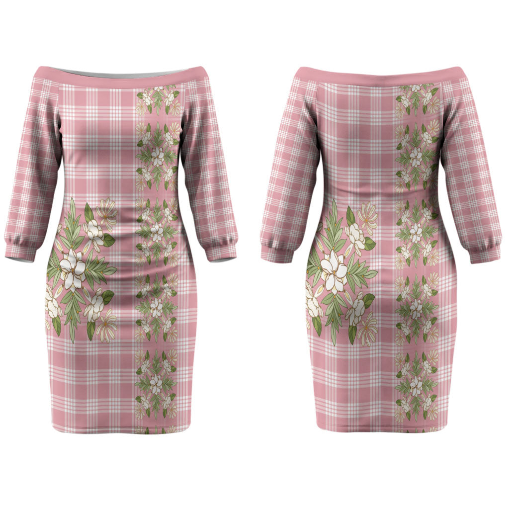 Akala Hamele Hawai'i Palaka Squares Maile Leaf Couples Matching Off The Shoulder Long Sleeve Dress and Hawaiian Shirt Flowers Hawaiian Quilt Patterns LT9 - Polynesian Pride