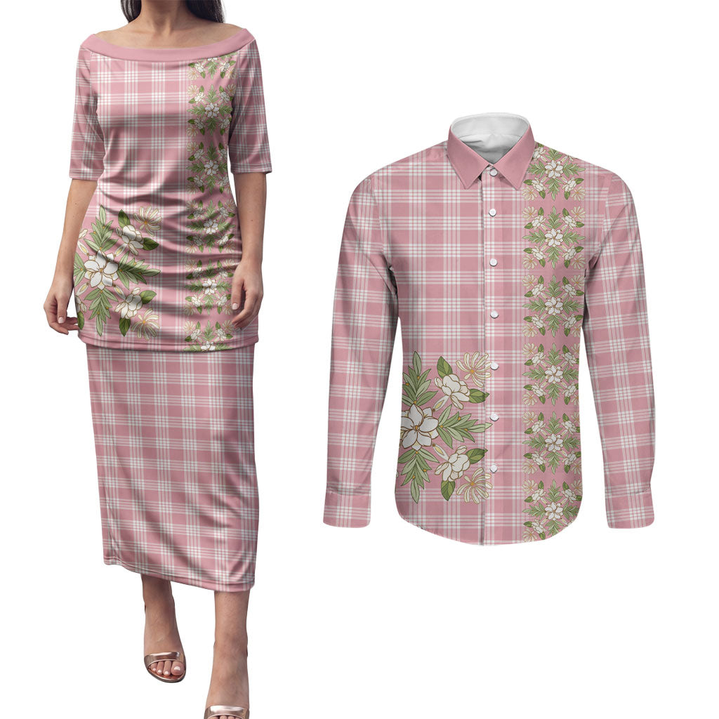 Akala Hamele Hawai'i Palaka Squares Maile Leaf Couples Matching Puletasi and Long Sleeve Button Shirt Flowers Hawaiian Quilt Patterns LT9 Dusty Rose - Polynesian Pride