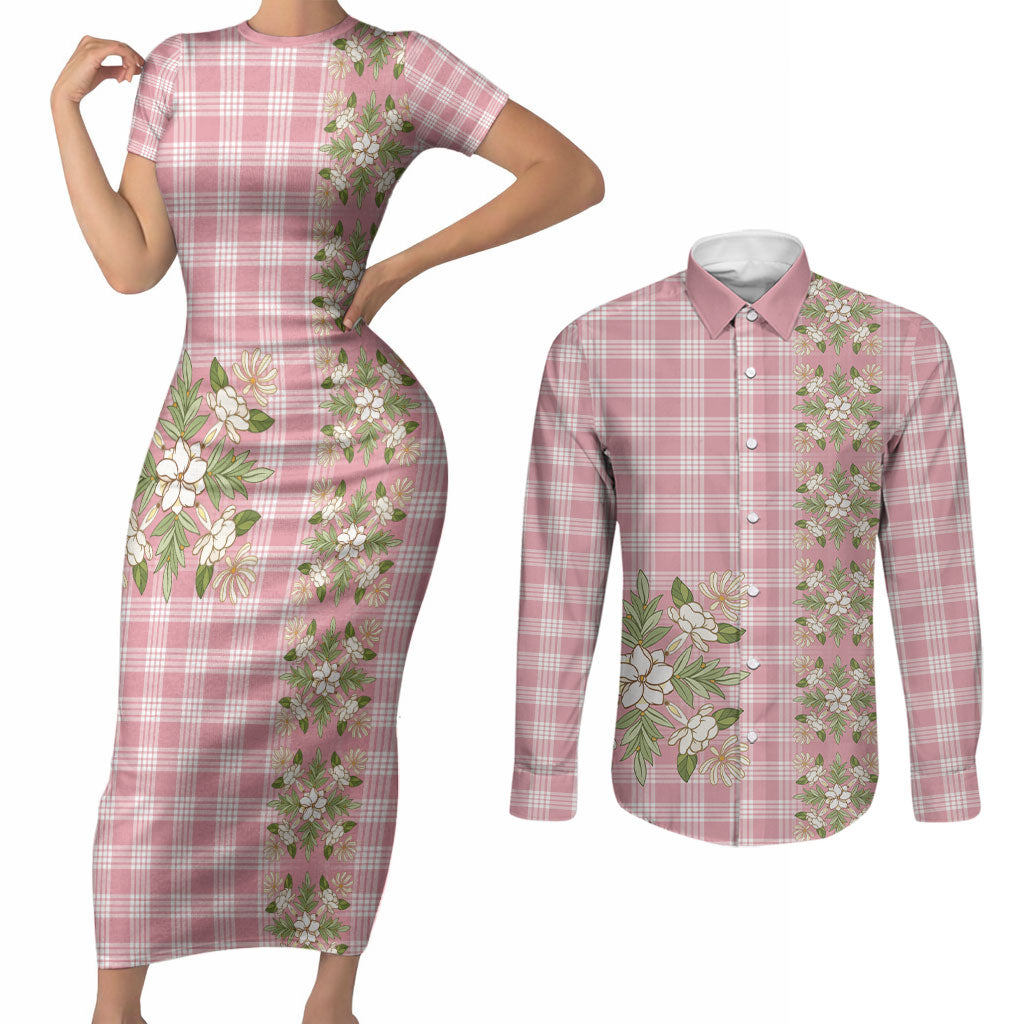 Akala Hamele Hawai'i Palaka Squares Maile Leaf Couples Matching Short Sleeve Bodycon Dress and Long Sleeve Button Shirt Flowers Hawaiian Quilt Patterns LT9 Dusty Rose - Polynesian Pride