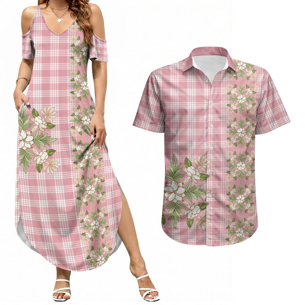 Akala Hamele Hawai'i Palaka Squares Maile Leaf Couples Matching Summer Maxi Dress and Hawaiian Shirt Flowers Hawaiian Quilt Patterns LT9 Dusty Rose - Polynesian Pride