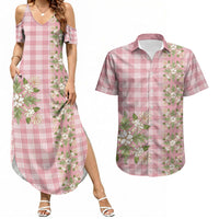 Akala Hamele Hawai'i Palaka Squares Maile Leaf Couples Matching Summer Maxi Dress and Hawaiian Shirt Flowers Hawaiian Quilt Patterns LT9 Dusty Rose - Polynesian Pride