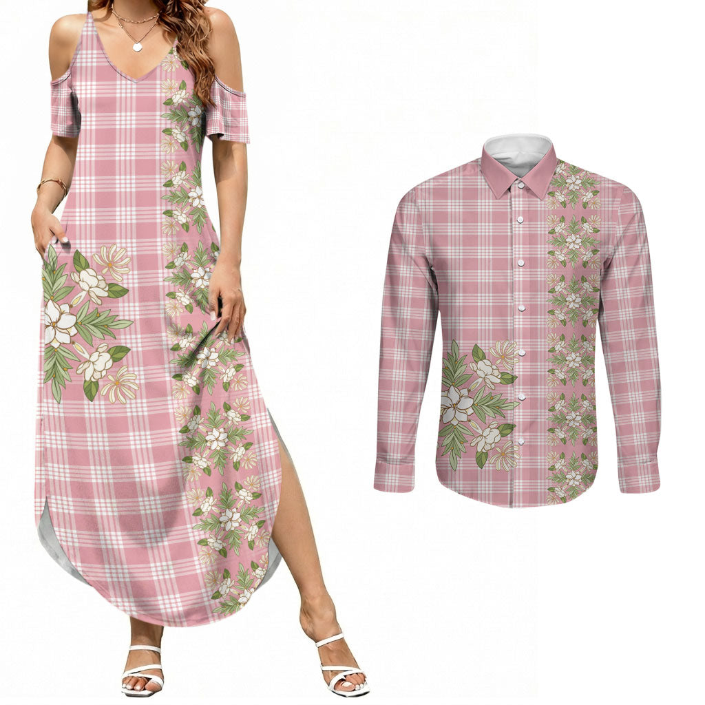 Akala Hamele Hawai'i Palaka Squares Maile Leaf Couples Matching Summer Maxi Dress and Long Sleeve Button Shirt Flowers Hawaiian Quilt Patterns LT9 Dusty Rose - Polynesian Pride