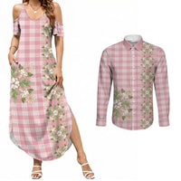 Akala Hamele Hawai'i Palaka Squares Maile Leaf Couples Matching Summer Maxi Dress and Long Sleeve Button Shirt Flowers Hawaiian Quilt Patterns LT9 Dusty Rose - Polynesian Pride