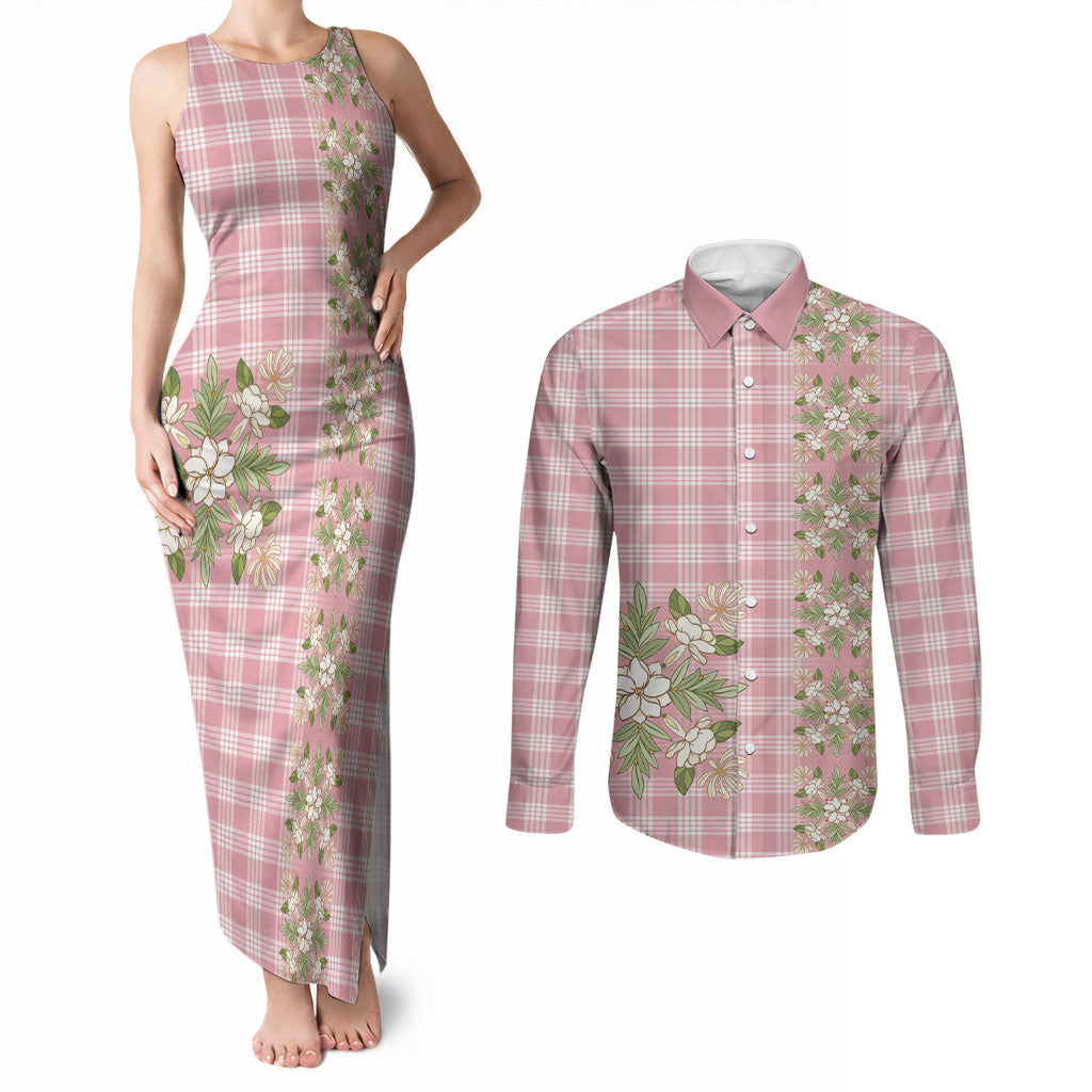 Akala Hamele Hawai'i Palaka Squares Maile Leaf Couples Matching Tank Maxi Dress and Long Sleeve Button Shirt Flowers Hawaiian Quilt Patterns LT9 Dusty Rose - Polynesian Pride