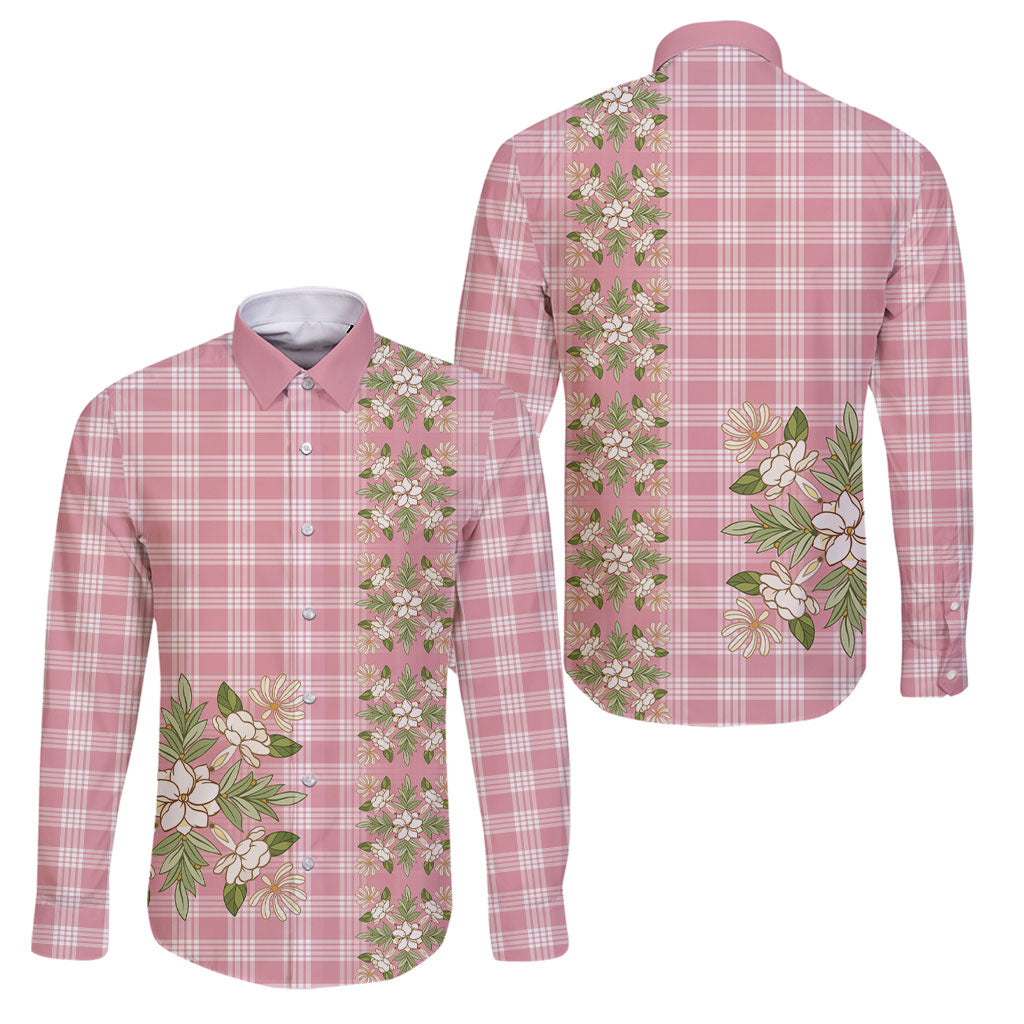 Akala Hamele Hawai'i Palaka Squares Maile Leaf Family Matching Puletasi and Hawaiian Shirt Flowers Hawaiian Quilt Patterns LT9 Dad's Shirt - Long Sleeve Dusty Rose - Polynesian Pride
