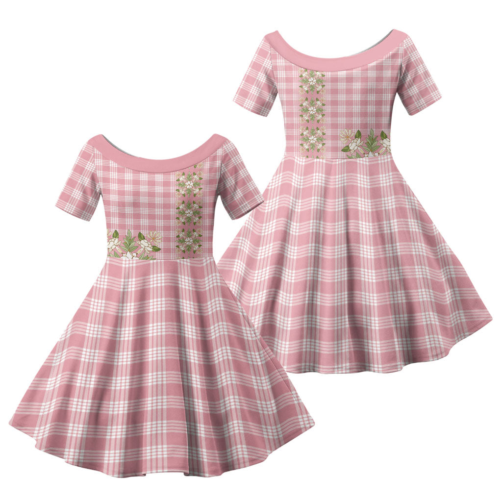Akala Hamele Hawai'i Palaka Squares Maile Leaf Family Matching Puletasi and Hawaiian Shirt Flowers Hawaiian Quilt Patterns LT9 Daughter's Dress Dusty Rose - Polynesian Pride