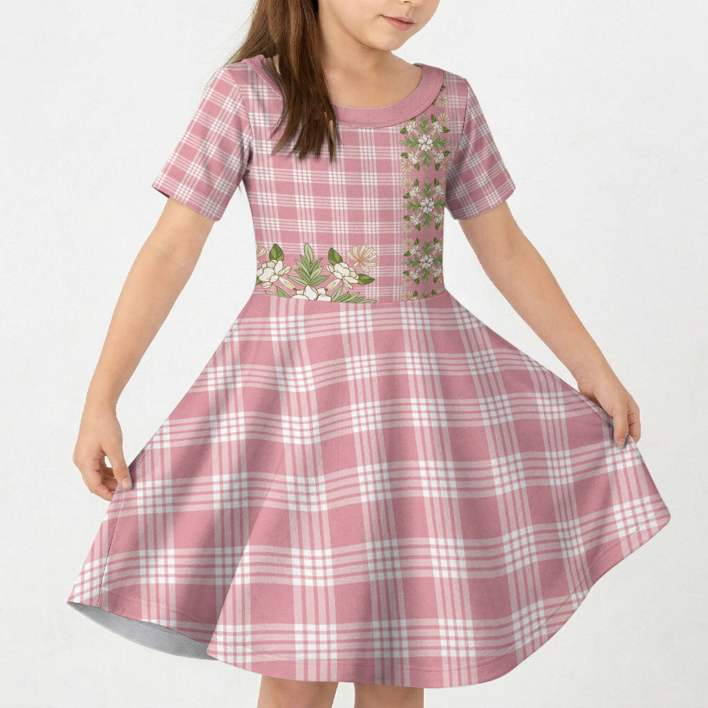 Akala Hamele Hawai'i Palaka Squares Maile Leaf Kid Short Sleeve Dress Flowers Hawaiian Quilt Patterns LT9 KID Dusty Rose - Polynesian Pride
