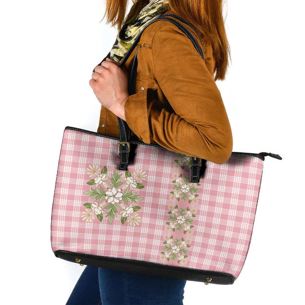 Akala Hamele Hawai'i Palaka Squares Maile Leaf Leather Tote Bag Flowers Hawaiian Quilt Patterns LT9 Dusty Rose - Polynesian Pride