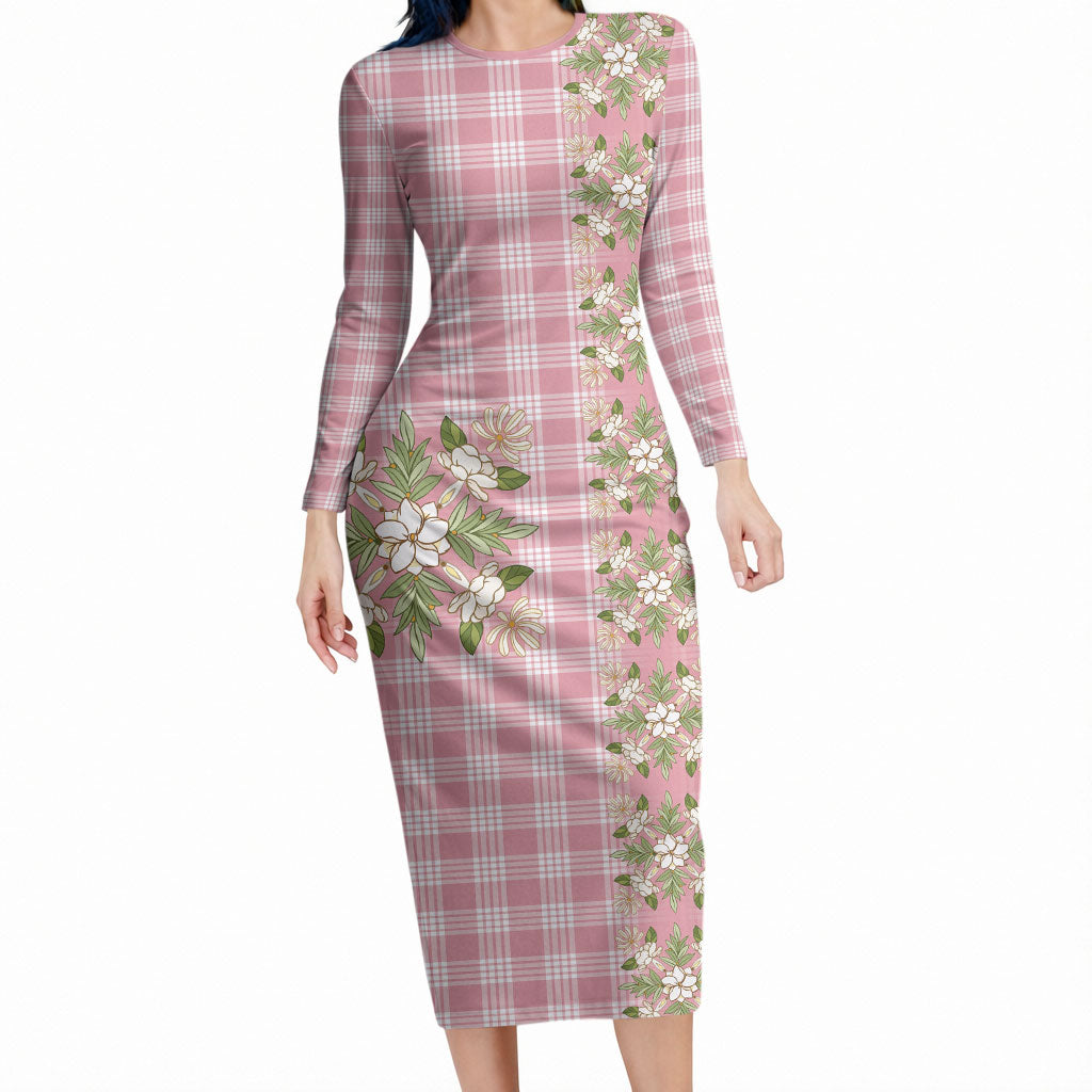 Akala Hamele Hawai'i Palaka Squares Maile Leaf Long Sleeve Bodycon Dress Flowers Hawaiian Quilt Patterns LT9 Long Dress Dusty Rose - Polynesian Pride