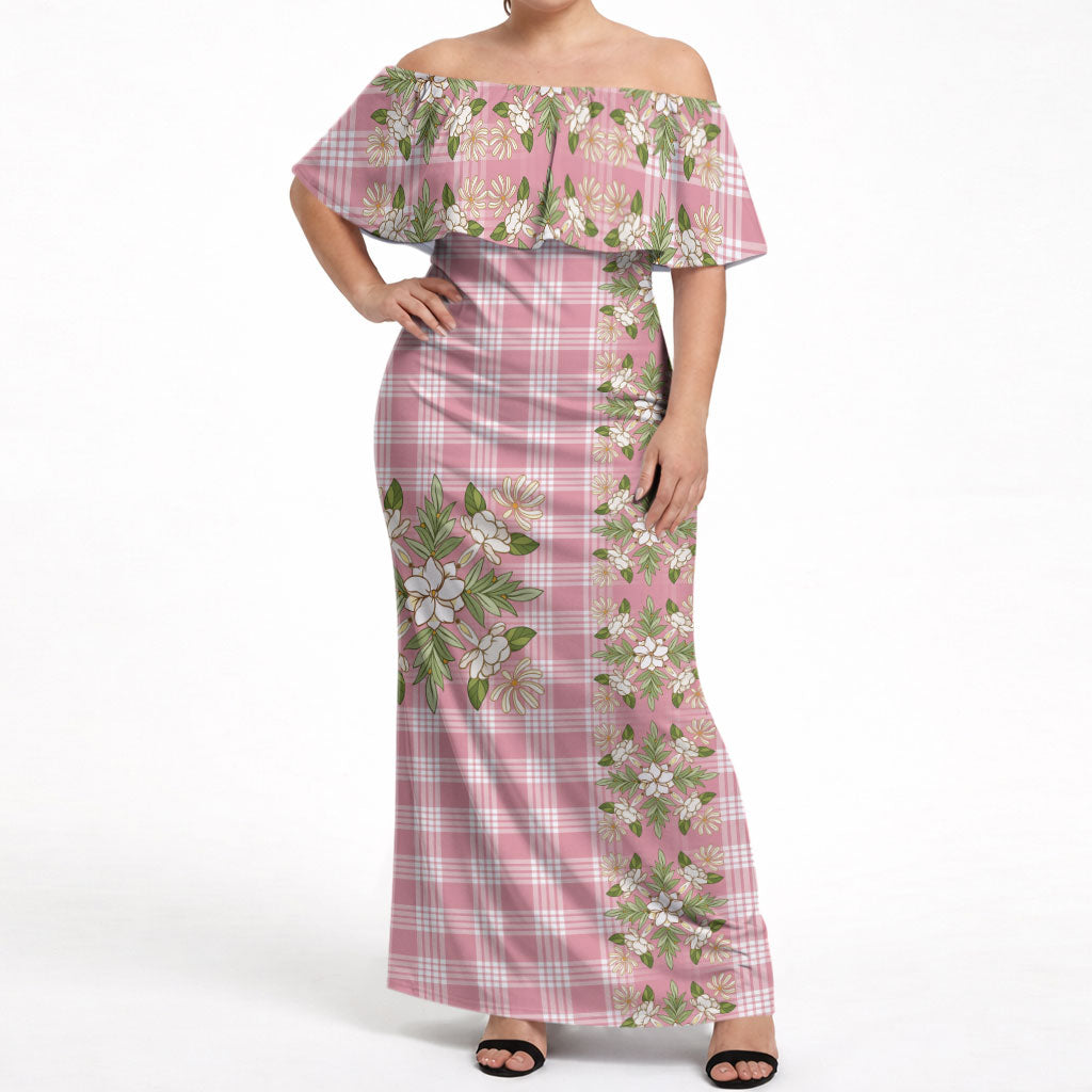Akala Hamele Hawai'i Palaka Squares Maile Leaf Off Shoulder Maxi Dress Flowers Hawaiian Quilt Patterns LT9 Women Dusty Rose - Polynesian Pride
