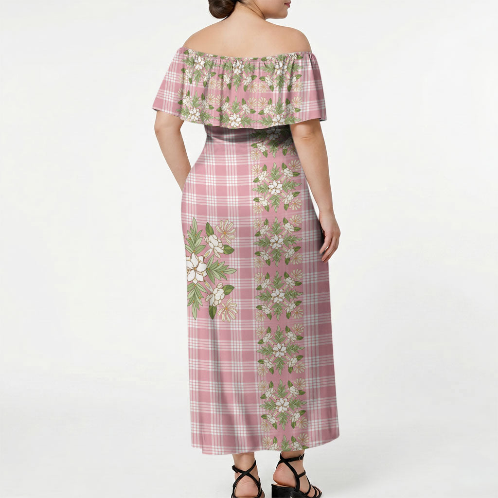 Akala Hamele Hawai'i Palaka Squares Maile Leaf Off Shoulder Maxi Dress Flowers Hawaiian Quilt Patterns LT9 - Polynesian Pride
