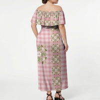 Akala Hamele Hawai'i Palaka Squares Maile Leaf Off Shoulder Maxi Dress Flowers Hawaiian Quilt Patterns LT9 - Polynesian Pride