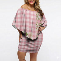 Akala Hamele Hawai'i Palaka Squares Maile Leaf Off Shoulder Short Dress Flowers Hawaiian Quilt Patterns LT9 Women Dusty Rose - Polynesian Pride