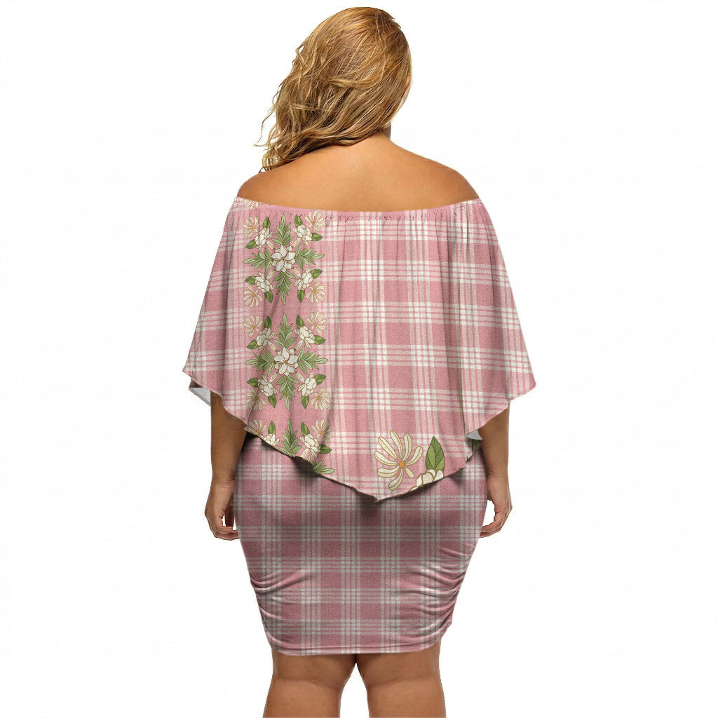 Akala Hamele Hawai'i Palaka Squares Maile Leaf Off Shoulder Short Dress Flowers Hawaiian Quilt Patterns LT9 - Polynesian Pride