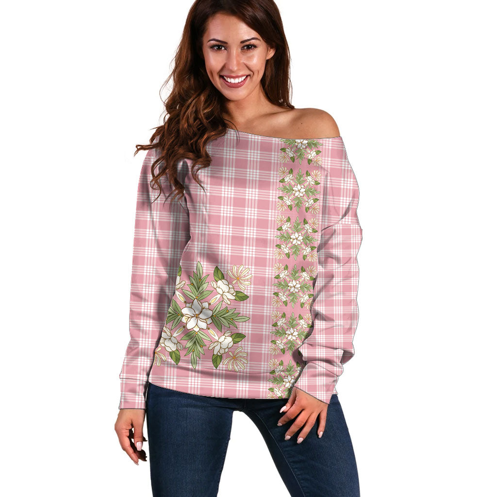Akala Hamele Hawai'i Palaka Squares Maile Leaf Off Shoulder Sweater Flowers Hawaiian Quilt Patterns LT9 Women Dusty Rose - Polynesian Pride