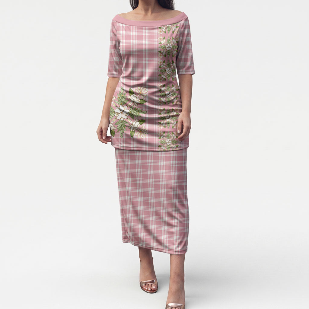 Akala Hamele Hawai'i Palaka Squares Maile Leaf Puletasi Flowers Hawaiian Quilt Patterns LT9 Long Dress Dusty Rose - Polynesian Pride