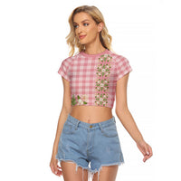Akala Hamele Hawai'i Palaka Squares Maile Leaf Raglan Cropped T Shirt Flowers Hawaiian Quilt Patterns LT9 Female Dusty Rose - Polynesian Pride