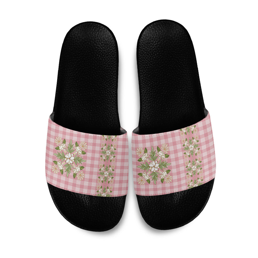 Akala Hamele Hawai'i Palaka Squares Maile Leaf Slide Sandals Flowers Hawaiian Quilt Patterns LT9 Dusty Rose - Polynesian Pride