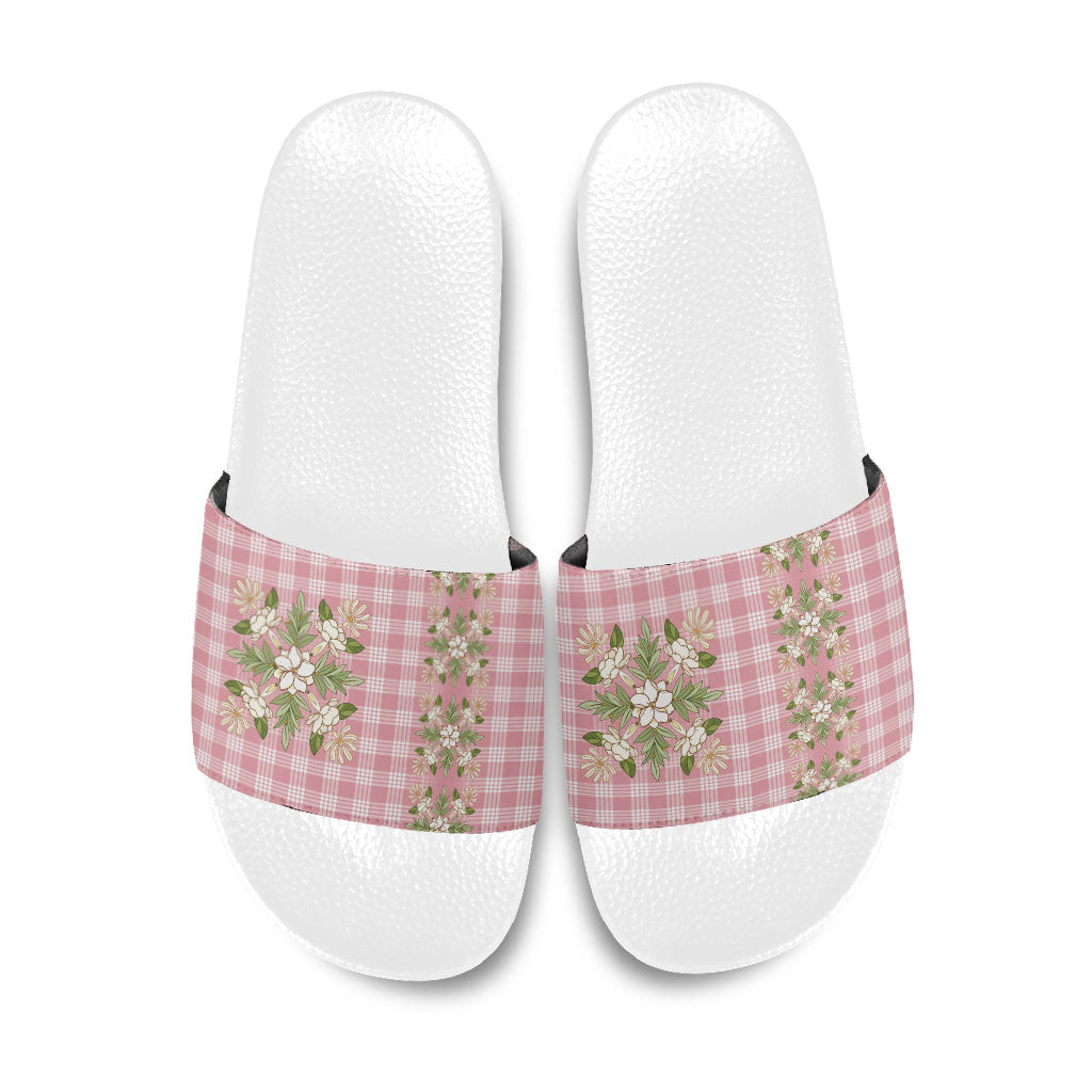Akala Hamele Hawai'i Palaka Squares Maile Leaf Slide Sandals Flowers Hawaiian Quilt Patterns LT9 Dusty Rose - Polynesian Pride