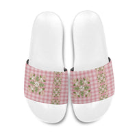 Akala Hamele Hawai'i Palaka Squares Maile Leaf Slide Sandals Flowers Hawaiian Quilt Patterns LT9 Dusty Rose - Polynesian Pride