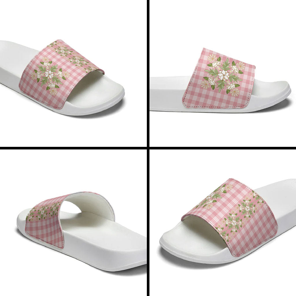Akala Hamele Hawai'i Palaka Squares Maile Leaf Slide Sandals Flowers Hawaiian Quilt Patterns LT9 - Polynesian Pride