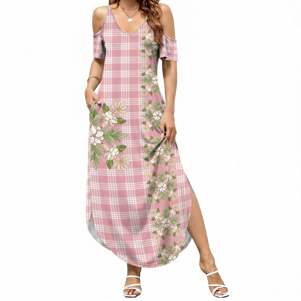 Akala Hamele Hawai'i Palaka Squares Maile Leaf Summer Maxi Dress Flowers Hawaiian Quilt Patterns LT9 Women Dusty Rose - Polynesian Pride