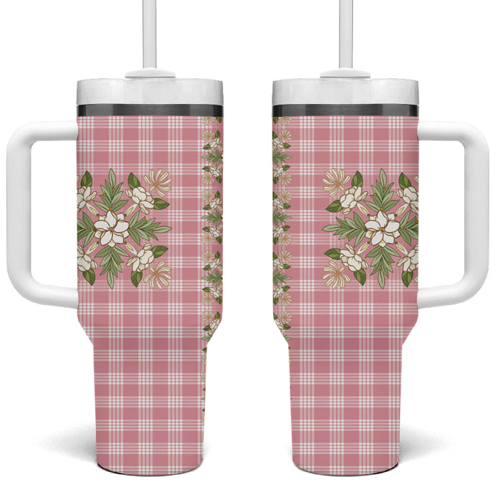 Akala Hamele Hawai'i Palaka Squares Maile Leaf Tumbler With Handle Flowers Hawaiian Quilt Patterns LT9 One Size: 40 oz Dusty Rose - Polynesian Pride