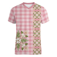 Akala Hamele Hawai'i Palaka Squares Maile Leaf Women V-Neck T-Shirt Flowers Hawaiian Quilt Patterns LT9 Female Dusty Rose - Polynesian Pride