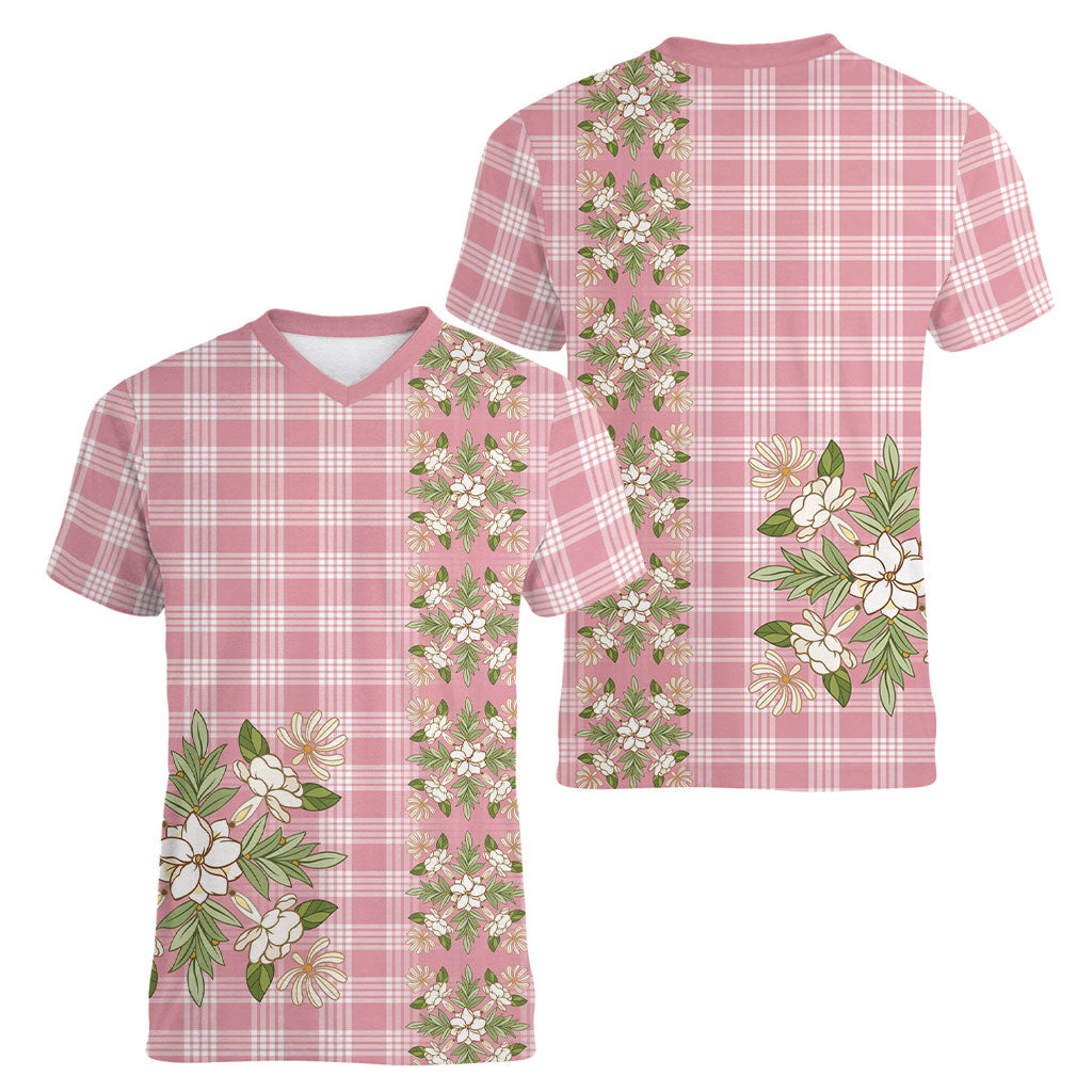 Akala Hamele Hawai'i Palaka Squares Maile Leaf Women V-Neck T-Shirt Flowers Hawaiian Quilt Patterns LT9 - Polynesian Pride