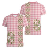 Akala Hamele Hawai'i Palaka Squares Maile Leaf Women V-Neck T-Shirt Flowers Hawaiian Quilt Patterns LT9 - Polynesian Pride