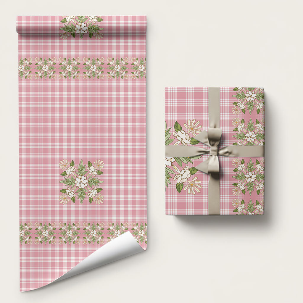 Akala Hamele Hawai'i Palaka Squares Maile Leaf Wrapping Paper Flowers Hawaiian Quilt Patterns LT9 58" × 23" Dusty Rose - Polynesian Pride