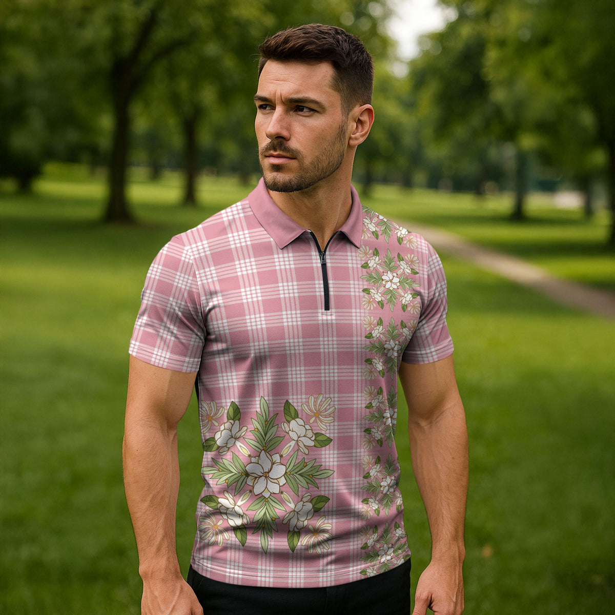 Akala Hamele Hawai'i Palaka Squares Maile Leaf Zipper Polo Shirt Flowers Hawaiian Quilt Patterns LT9 - Polynesian Pride