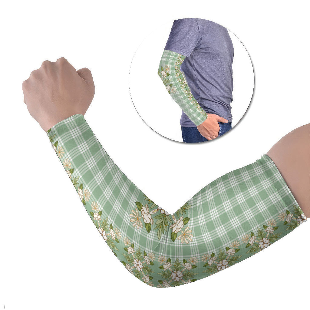 Liko Kukui Hawai'i Palaka Squares Maile Leaf Arm Sleeves Flowers Hawaiian Quilt Patterns LT9 Set of 2 Sage Green - Polynesian Pride