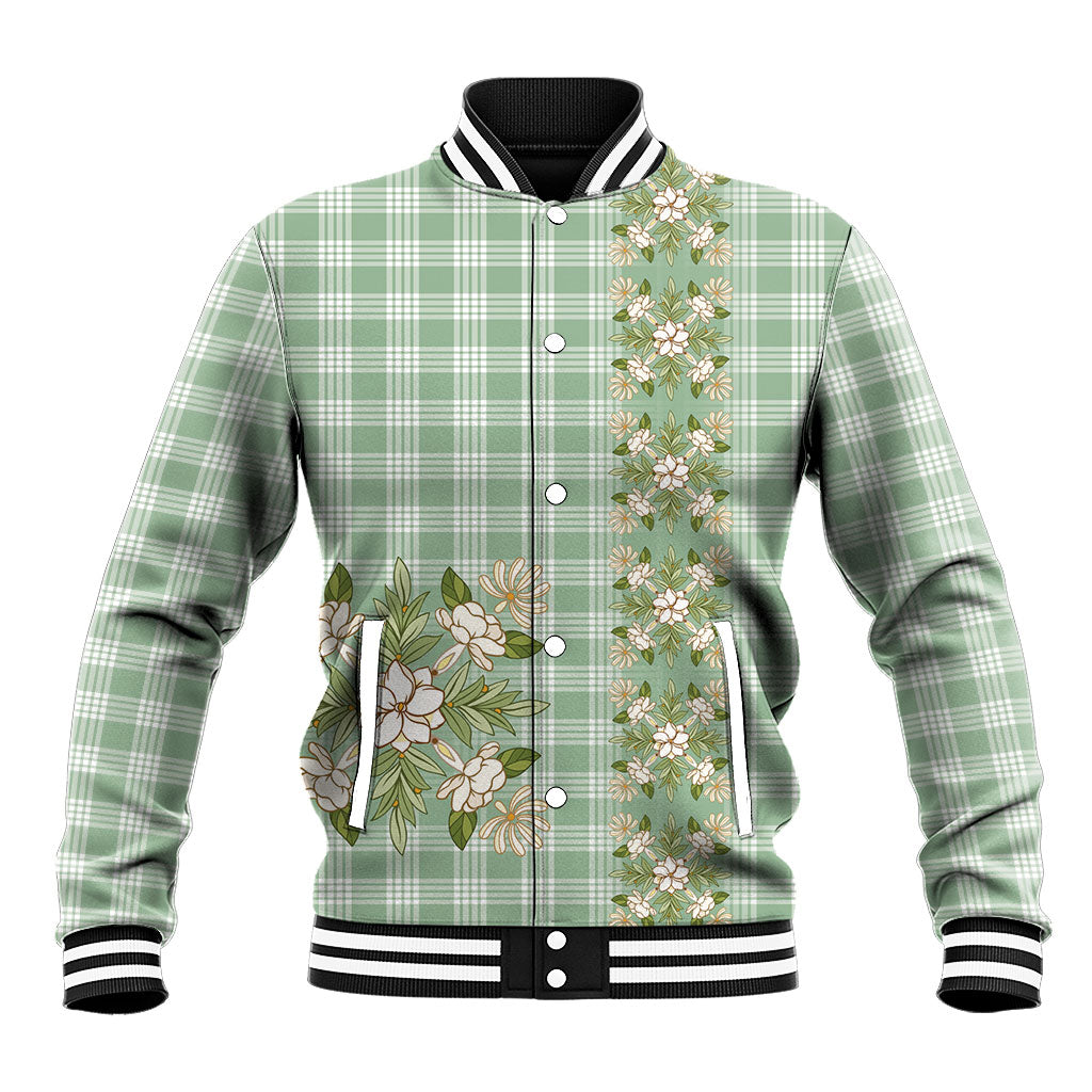 Liko Kukui Hawai'i Palaka Squares Maile Leaf Baseball Jacket Flowers Hawaiian Quilt Patterns LT9 Unisex Sage Green - Polynesian Pride