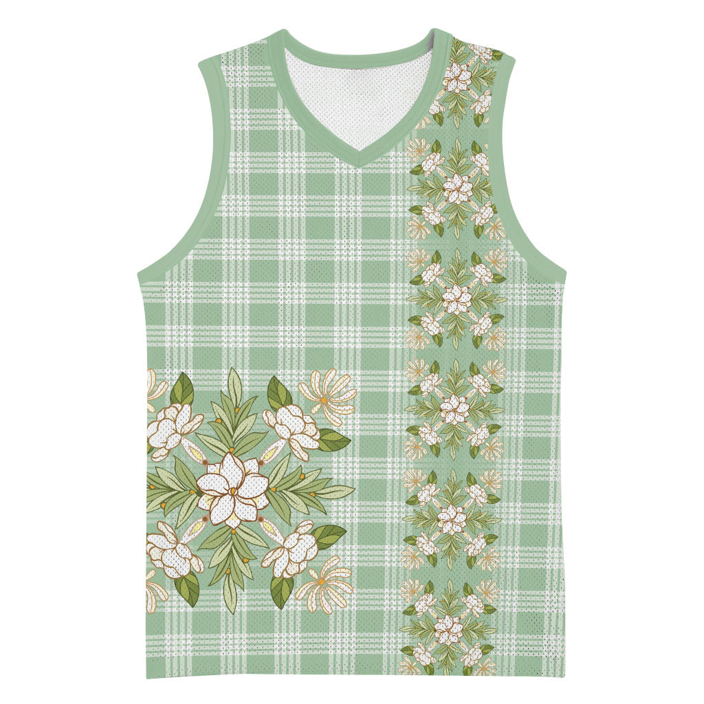 Liko Kukui Hawai'i Palaka Squares Maile Leaf Basketball Jersey Flowers Hawaiian Quilt Patterns LT9 Unisex Sage Green - Polynesian Pride