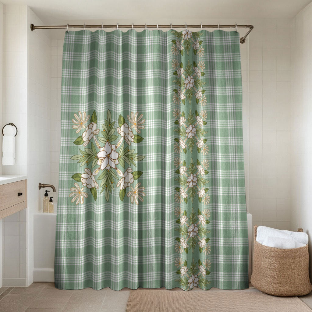 Liko Kukui Hawai'i Palaka Squares Maile Leaf Bathroom Set Flowers Hawaiian Quilt Patterns LT9 Shower Curtain Only Sage Green - Polynesian Pride