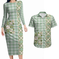 Liko Kukui Hawai'i Palaka Squares Maile Leaf Couples Matching Long Sleeve Bodycon Dress and Hawaiian Shirt Flowers Hawaiian Quilt Patterns LT9 Sage Green - Polynesian Pride