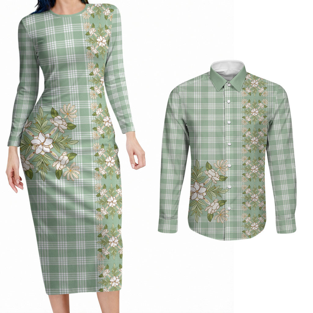 Liko Kukui Hawai'i Palaka Squares Maile Leaf Couples Matching Long Sleeve Bodycon Dress and Long Sleeve Button Shirt Flowers Hawaiian Quilt Patterns LT9 Sage Green - Polynesian Pride