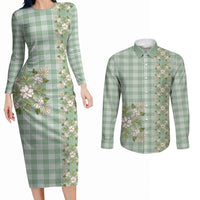 Liko Kukui Hawai'i Palaka Squares Maile Leaf Couples Matching Long Sleeve Bodycon Dress and Long Sleeve Button Shirt Flowers Hawaiian Quilt Patterns LT9 Sage Green - Polynesian Pride