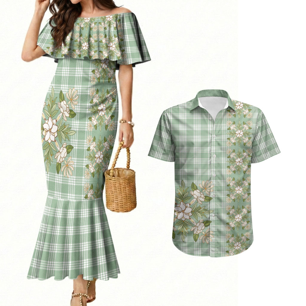 Liko Kukui Hawai'i Palaka Squares Maile Leaf Couples Matching Mermaid Dress and Hawaiian Shirt Flowers Hawaiian Quilt Patterns LT9 Sage Green - Polynesian Pride