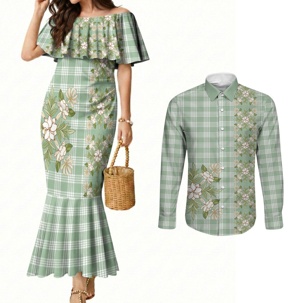 Liko Kukui Hawai'i Palaka Squares Maile Leaf Couples Matching Mermaid Dress and Long Sleeve Button Shirt Flowers Hawaiian Quilt Patterns LT9 Sage Green - Polynesian Pride