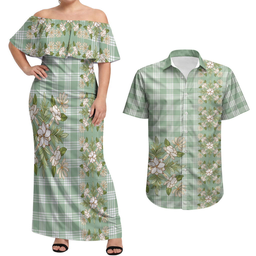 Liko Kukui Hawai'i Palaka Squares Maile Leaf Couples Matching Off Shoulder Maxi Dress and Hawaiian Shirt Flowers Hawaiian Quilt Patterns LT9 Sage Green - Polynesian Pride